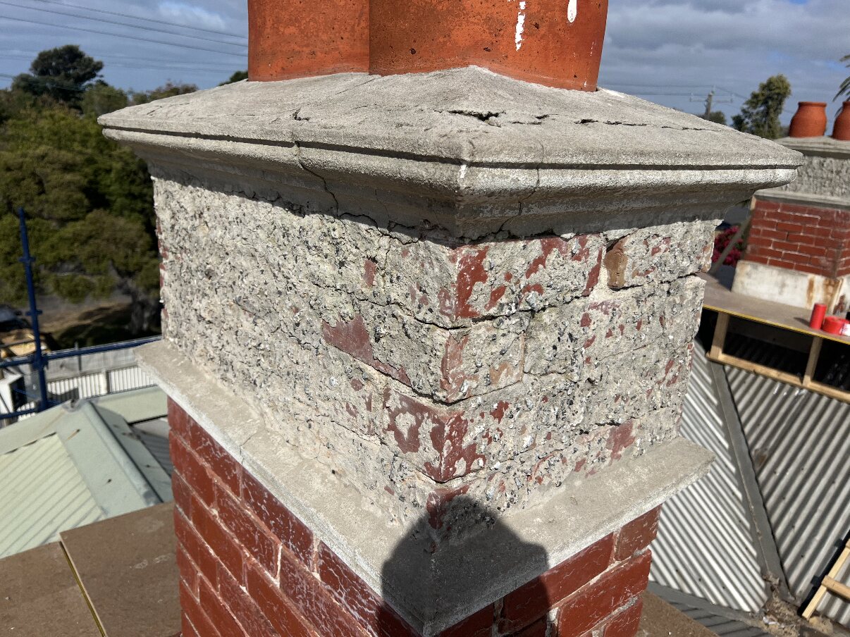 Render blown off, brickwork open to the weather.